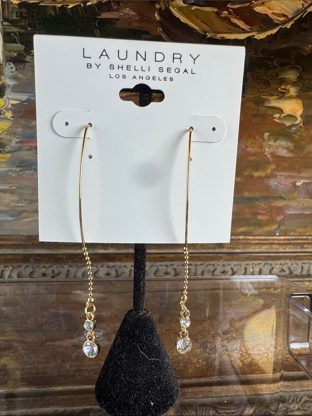 0759-Laundry By Shelli Segal Gold Threader Earrings with Clear Crystals